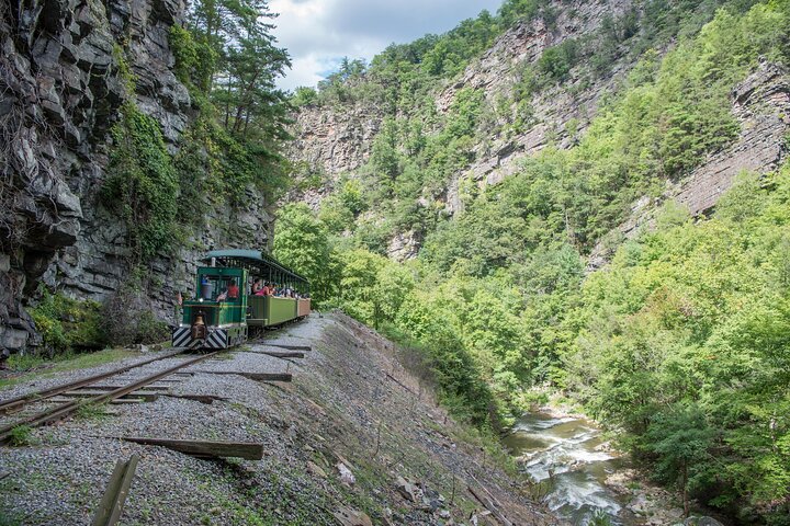 Tour train running along a cliff above a gorge river